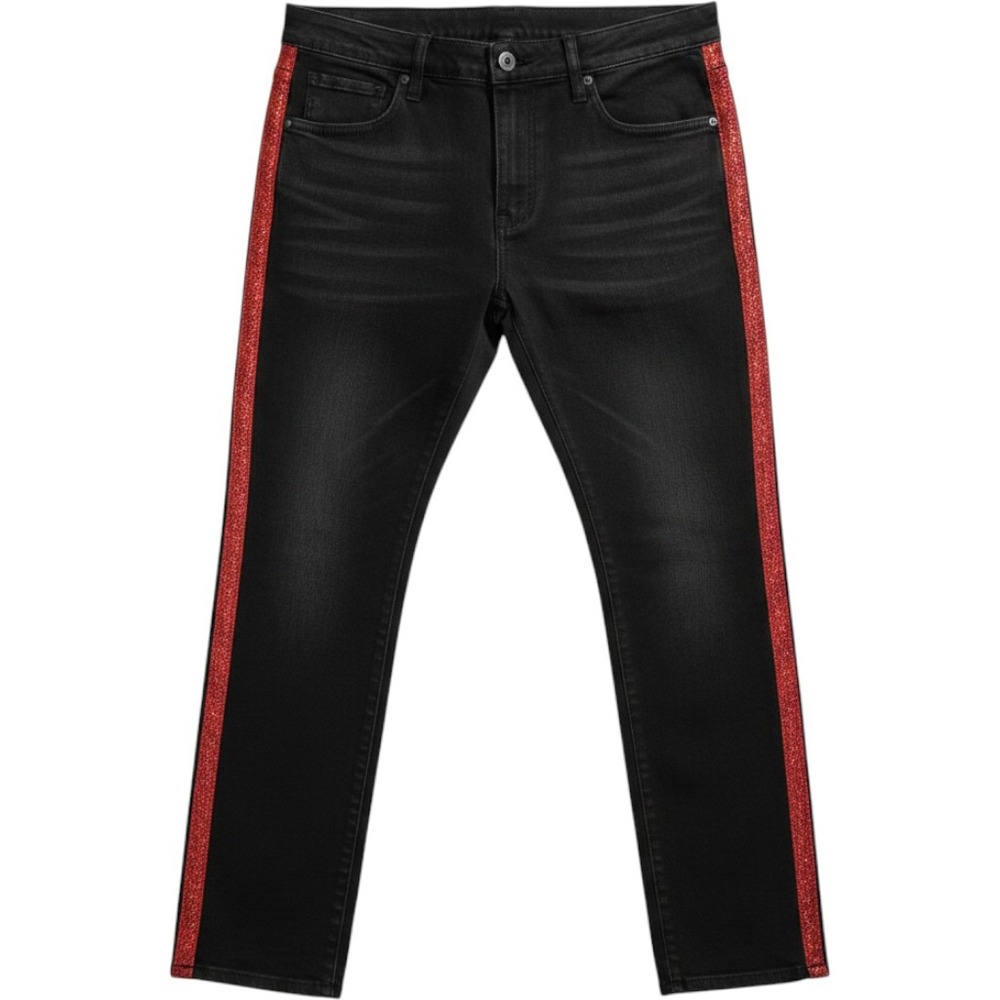 Supreme Black Distressed Jeans Red Glitter Side Stripe Ankle Zip Mens 37x30